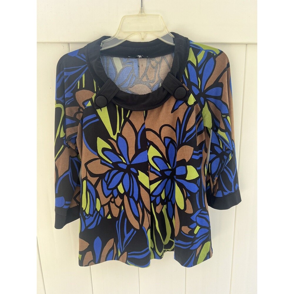 Tiana B. Womens Small Abstract Floral Multicolor Top Stretchy Collared